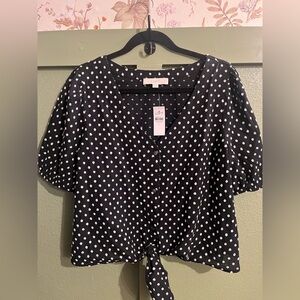 LOFT Black and White Polka Dot V-Neck Button Tie-Front Blouse